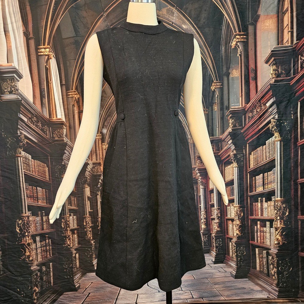 Vintage 1960s Leslie Fay Original Black Wool Sleeveless Mod High Neck Dress